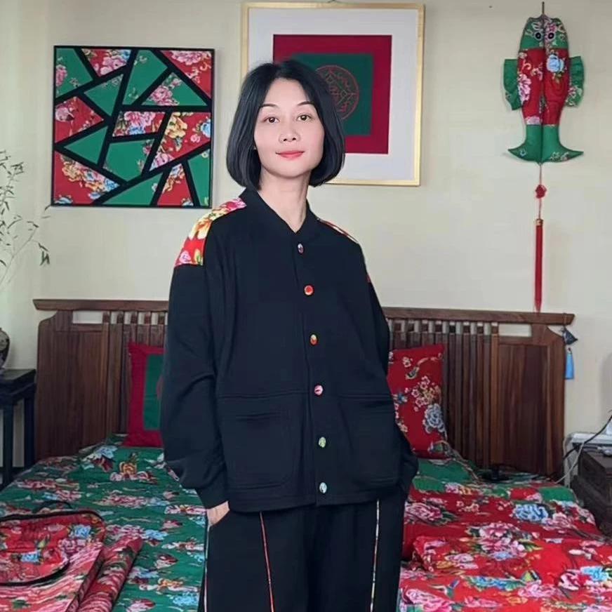 【土花花】针织棉国潮宽松拼接开衫卫衣时尚休闲长毛衣开衫