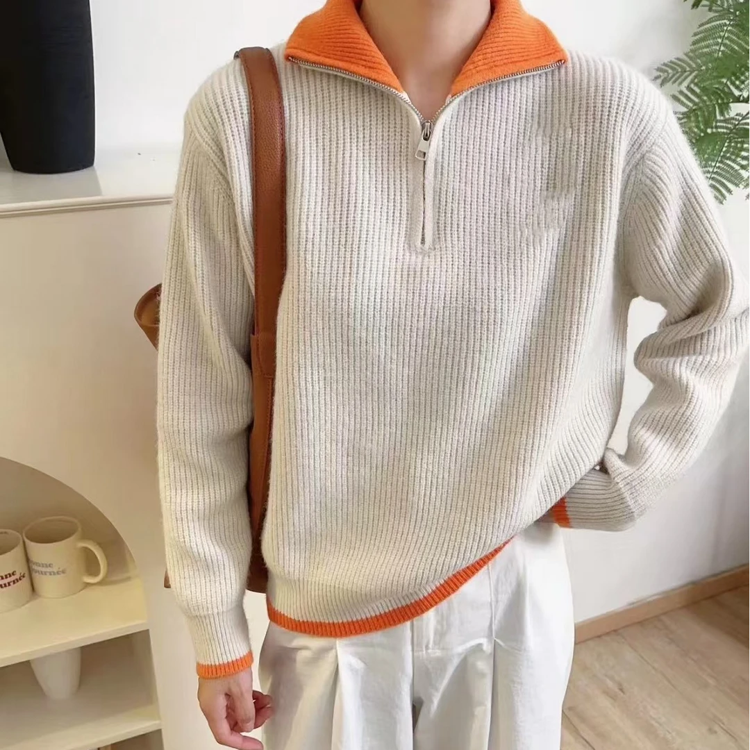 【39#】拼色翻领宽松显瘦百搭休闲毛衣