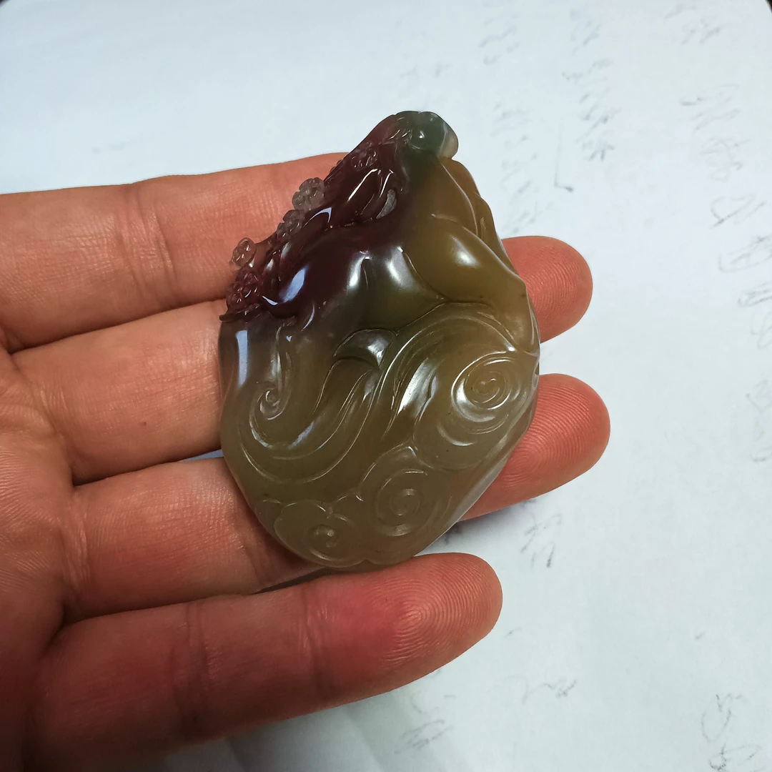 紫绿玛瑙秦紫玉天然原矿无优化纯手工雕刻多彩一路连科梅花鹿