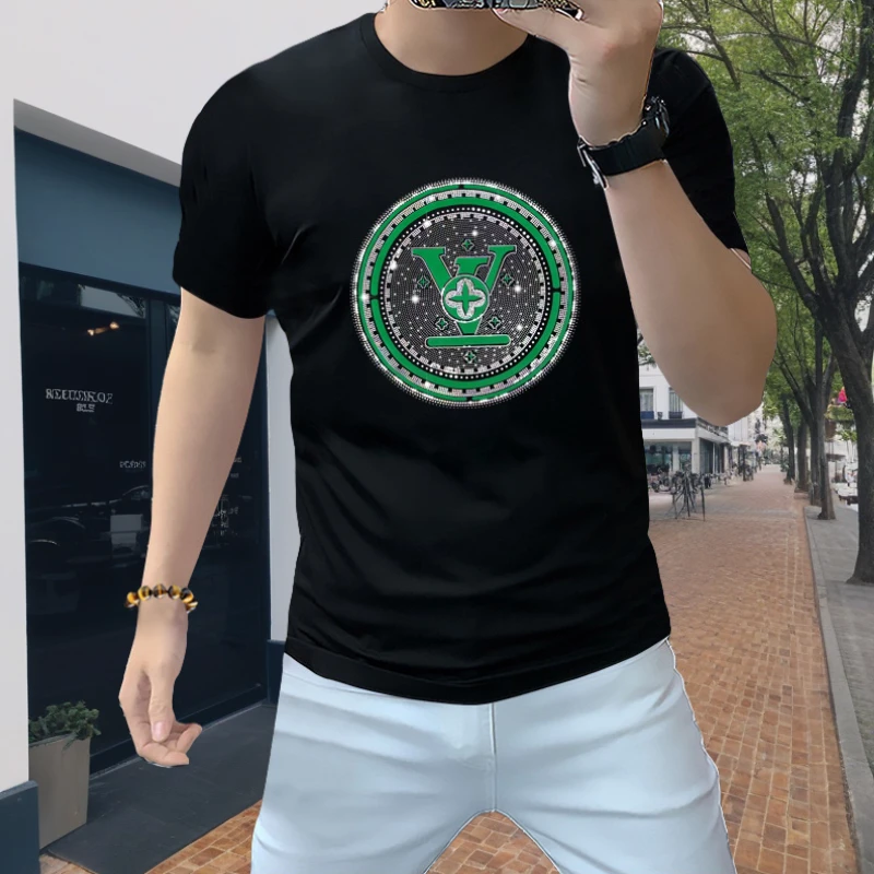 男士棉感休闲T恤帅气舒适潮牌修身烫钻个性圆领青春百搭短袖半袖t