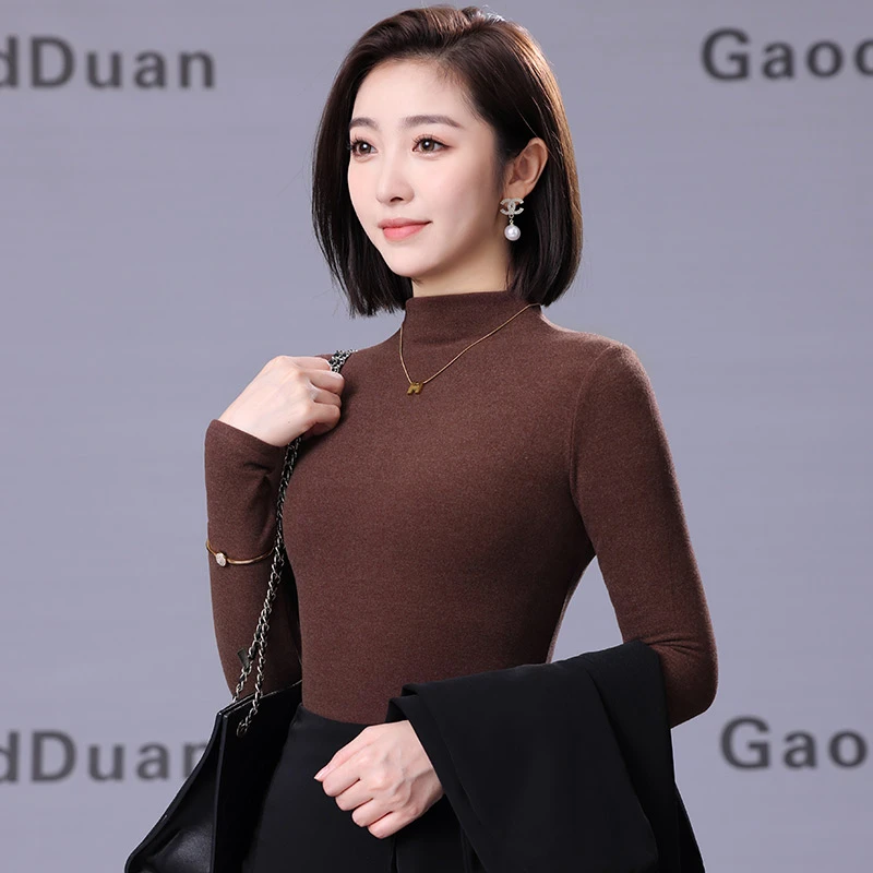 双面磨毛绒半高领打底衫女2023秋冬百搭内搭长袖上衣正肩显瘦