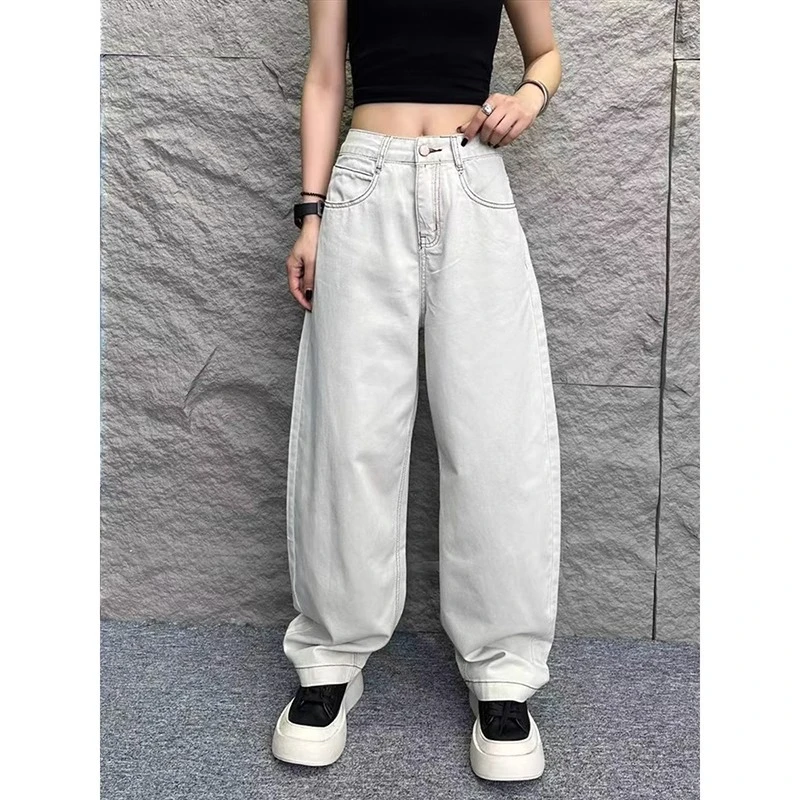 大码弯刀牛仔裤女春季胖mm显瘦立体裁剪撞色明线阔腿镰刀香蕉裤子