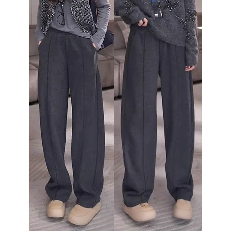 大码休闲毛呢卫裤女春季显瘦松紧腰窄版弯刀香蕉裤宽松直筒阔腿裤