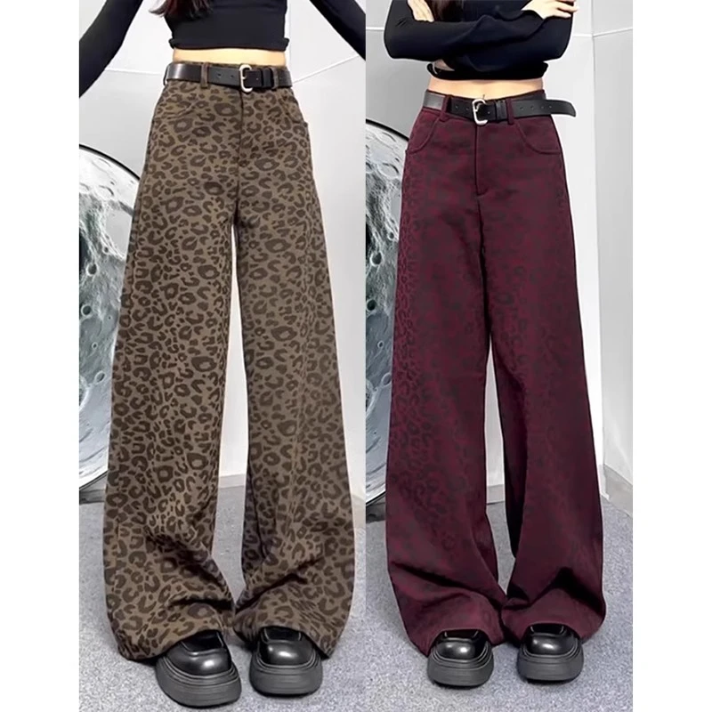 大码美式加绒豹纹牛仔裤女秋冬胖mm显瘦高腰宽松直筒阔腿裤拖地裤