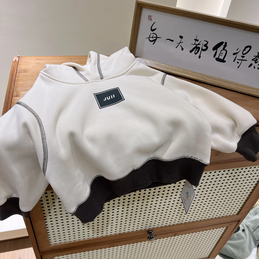 037-米色戴帽卫衣儿童休闲韩版高领连帽加绒加厚卫衣