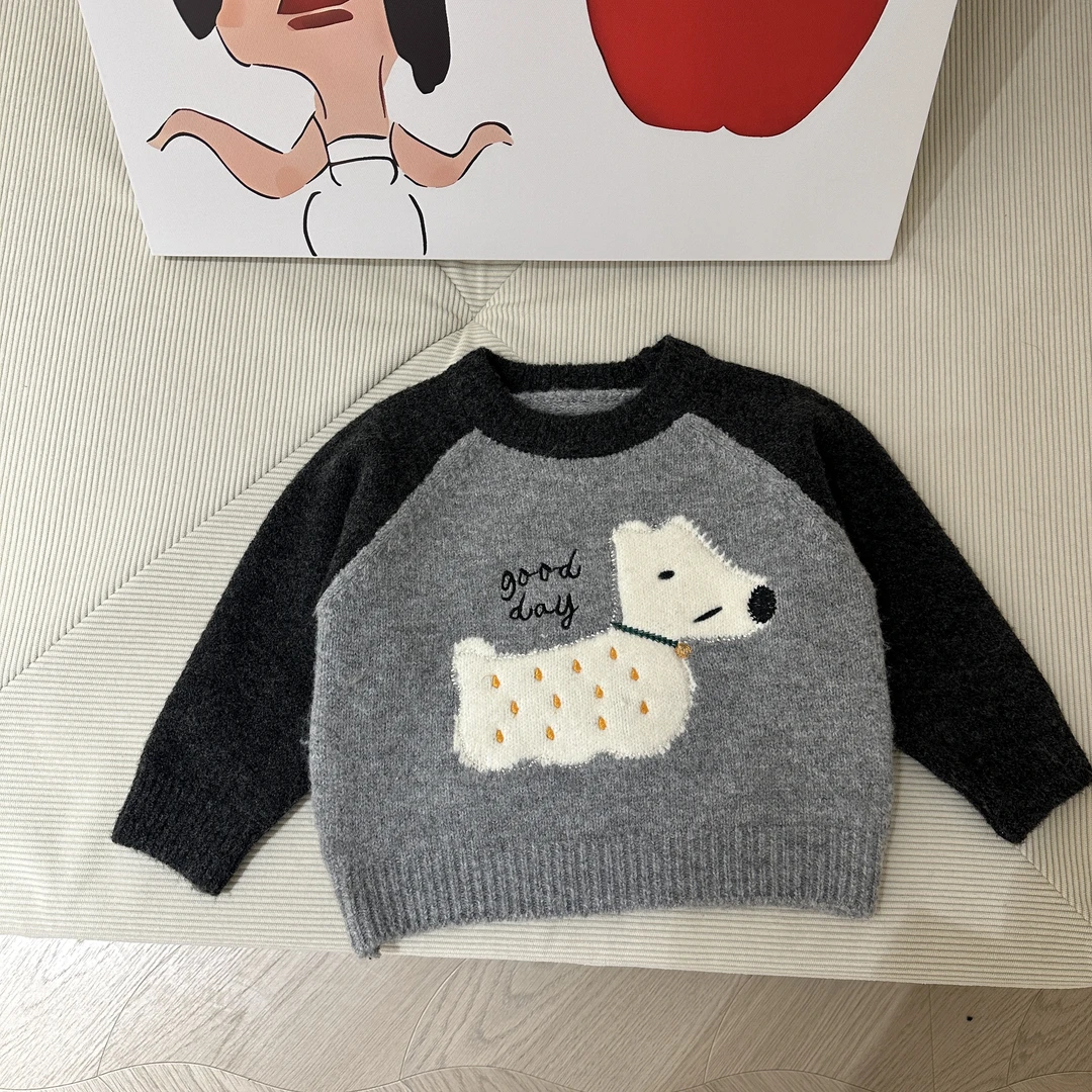 Q414-宝宝卡通小狗插肩毛衣加厚冬季新款儿童中小童保暖针织衫