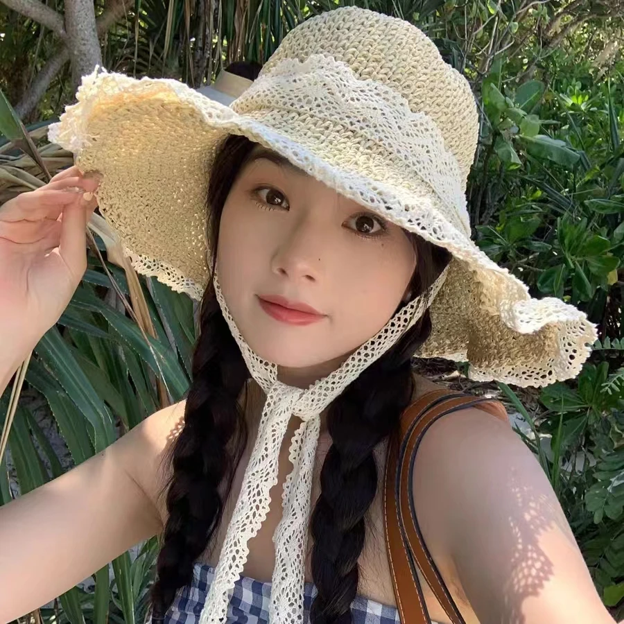 草帽ins韩版系带镂空草编帽女夏出游防晒沙滩太阳帽蕾丝边遮阳帽