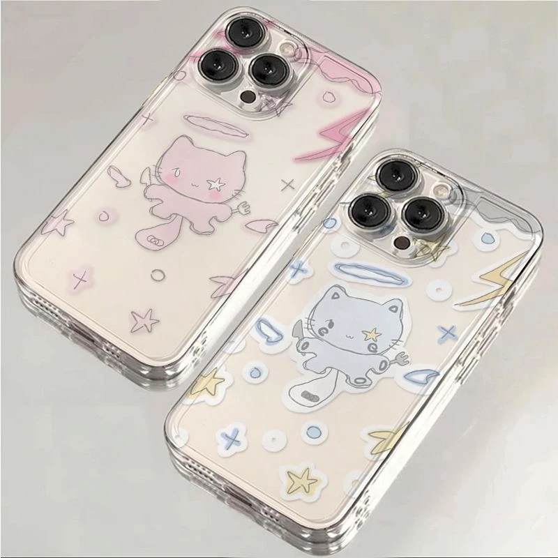 蓝粉天使小猫苹果13/14promax手机壳iPhone15情侣12pro透明xs软套