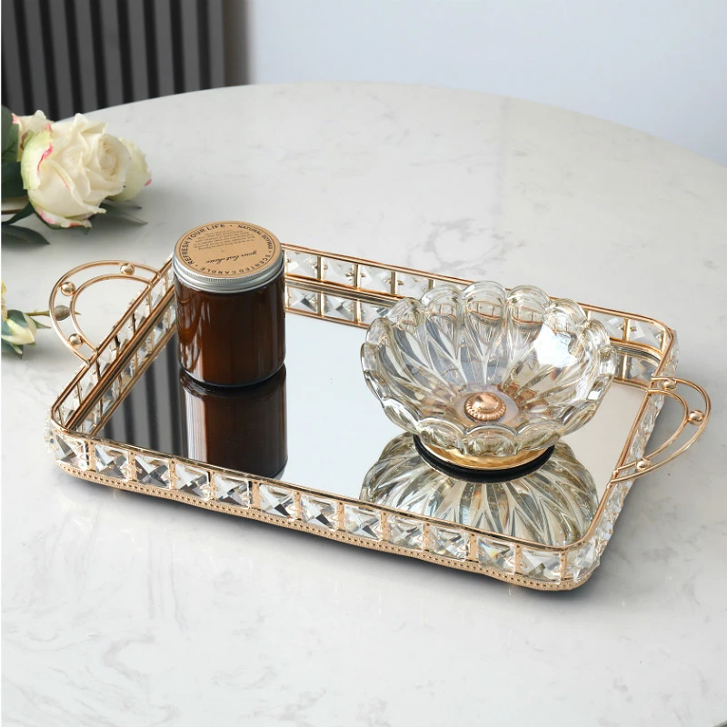 轻奢欧式水晶镜面托盘家用客厅餐桌茶杯卧室化妆品收纳托盘摆件
