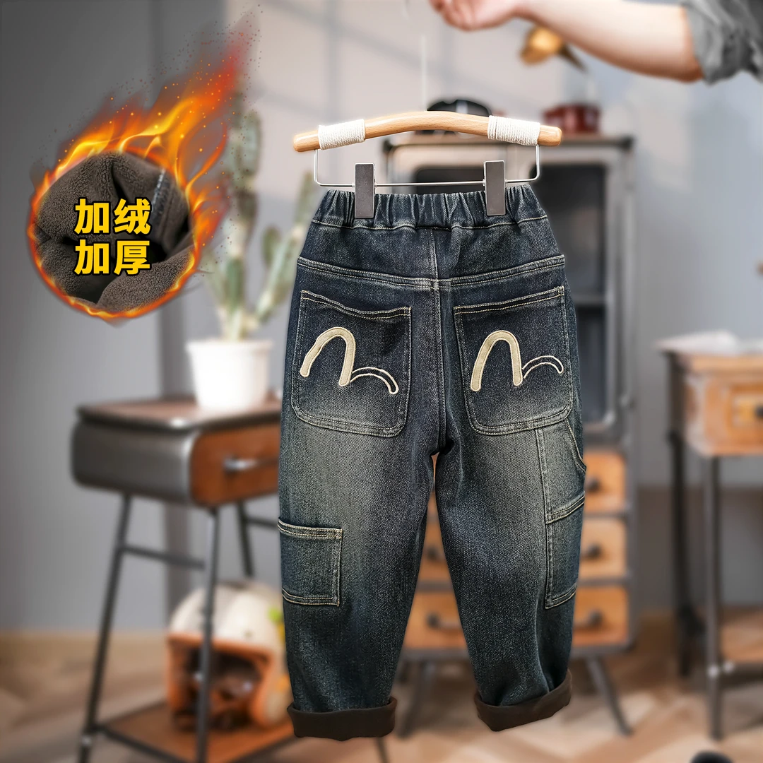 冬季新款男童童装洋气加绒牛仔裤中大童冬款一体短绒加厚裤子8115