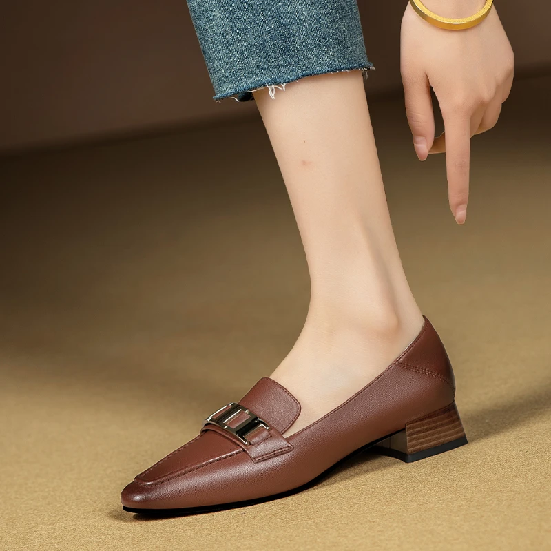 羊皮 3厘米 33-40 小尖头复古擦色 金属扣 单鞋低跟软底棕色浅口
