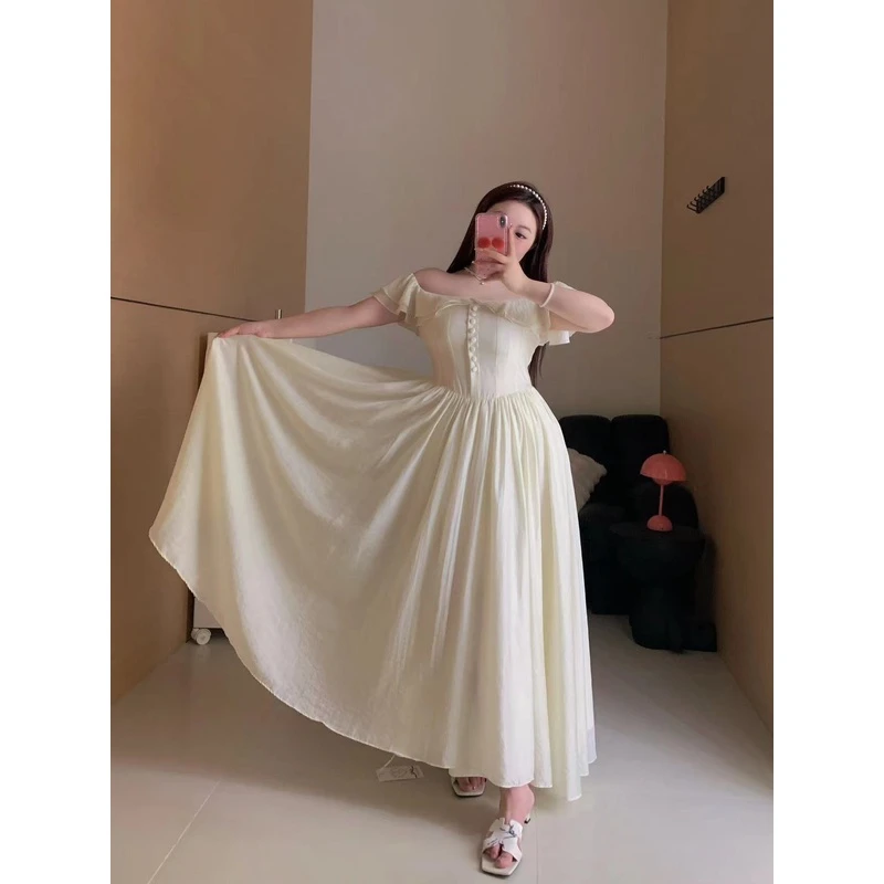 慧芝huizhi 神话公主 定制款 一字领荷叶边重工大摆收腰连衣裙