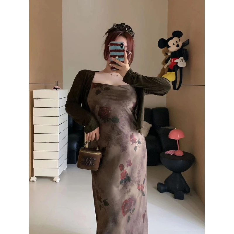 慧芝huizhi 花眠沉香 定制款棕色复古收腰显瘦吊带连衣裙开衫套装