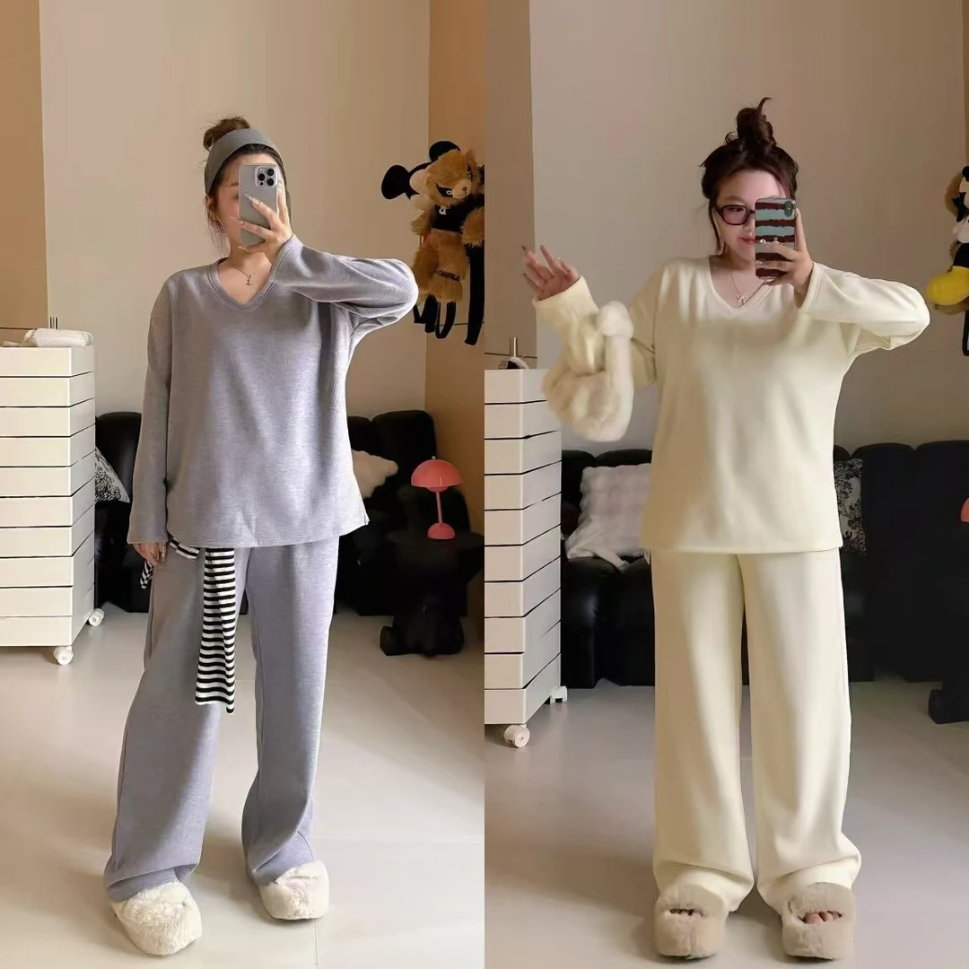 慧芝huizhi 暖暖冬日 定制款 加绒加厚v领懒人休闲套装