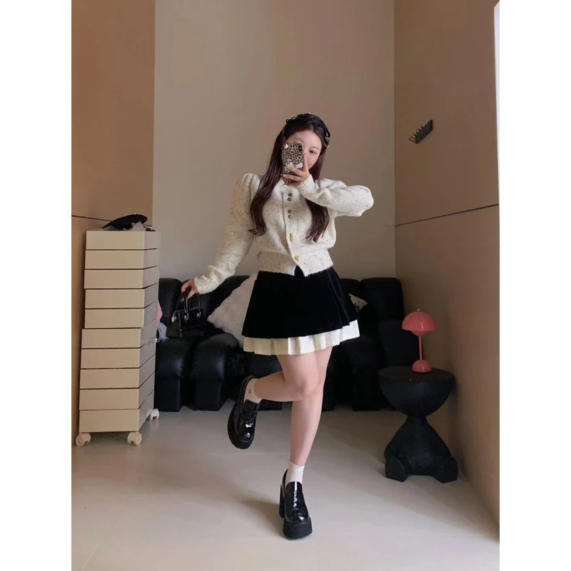 慧芝huizhi 冬日序曲 定制款 丝绒拼接设计款百褶高腰半身裙