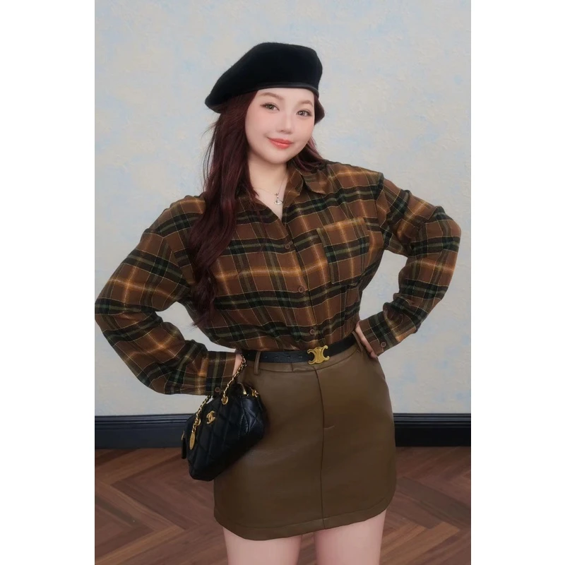 慧芝huizhi 24307巴巴瑞衬衫 定制款 美拉德格子宽松磨毛衬衫