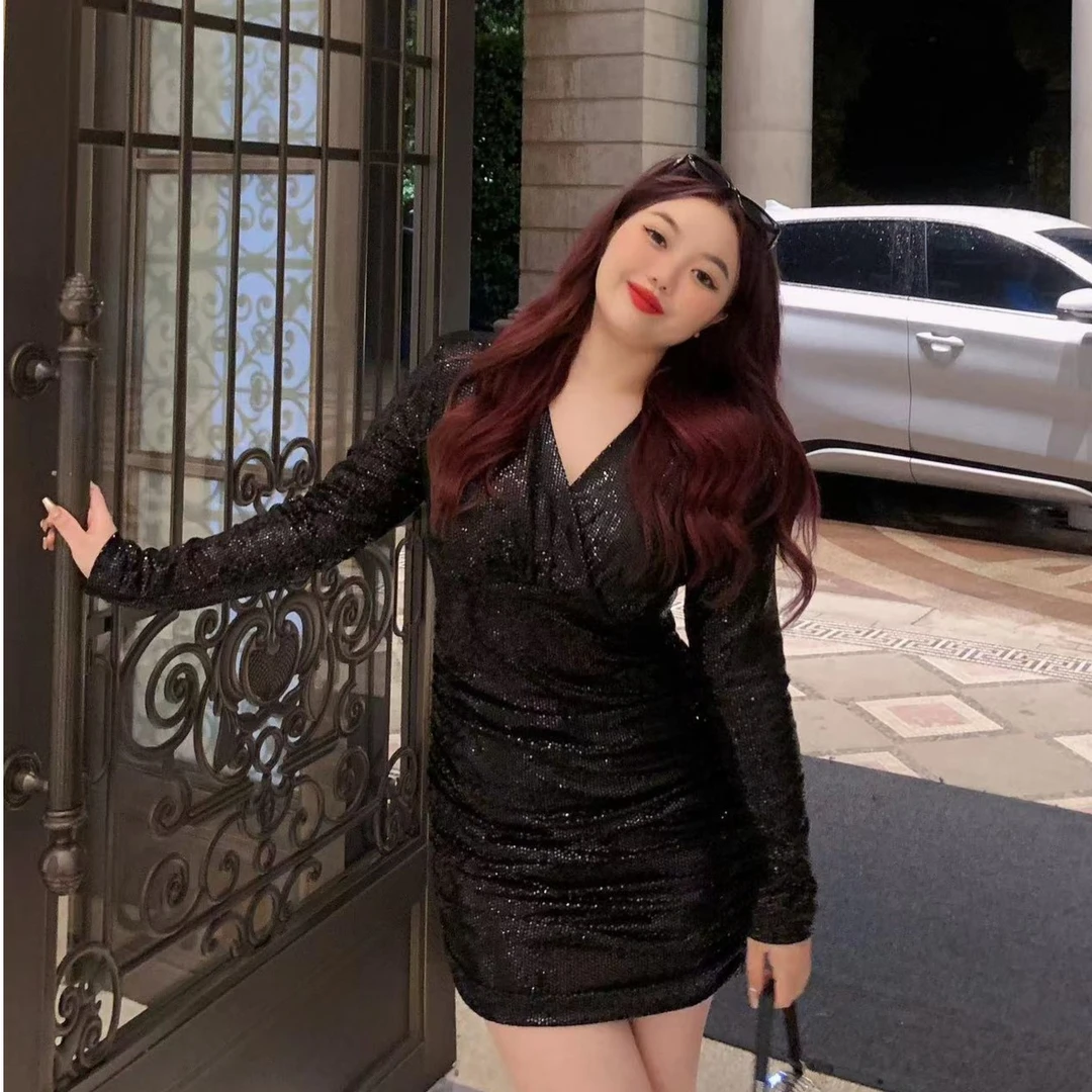 现货慧芝huizhi 派对女王 高定款亮片弹力收腰褶皱连衣裙