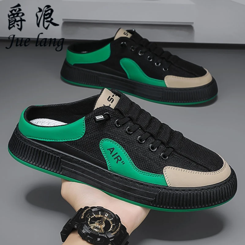 帆布男鞋春季透气防臭运动休闲板鞋网面懒人一脚蹬无后跟半拖潮鞋