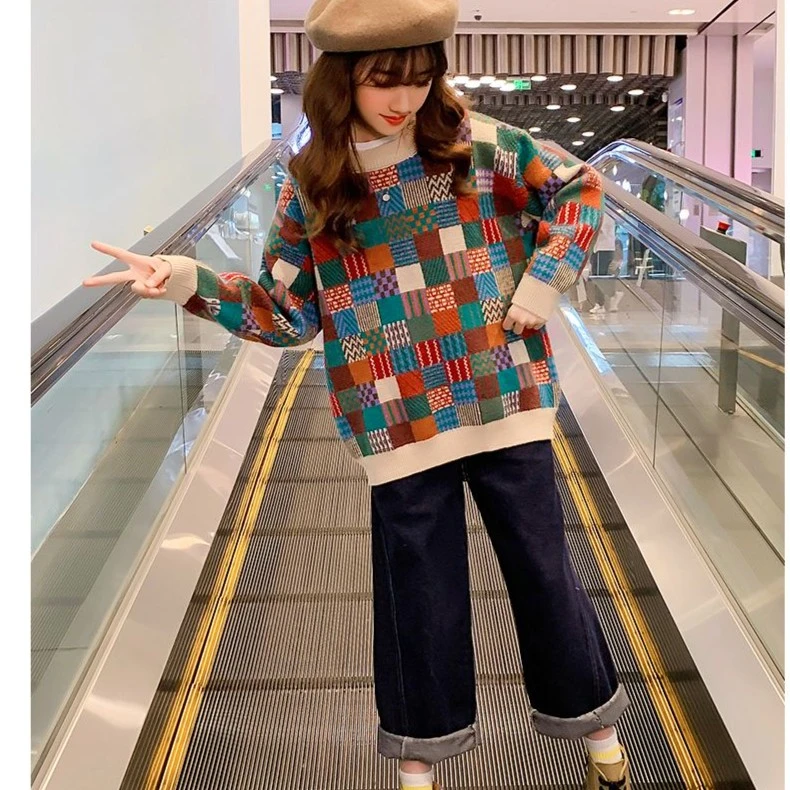 女童毛衣秋冬加绒加厚儿童针织衫中大童女孩格子宽松上衣反季童装