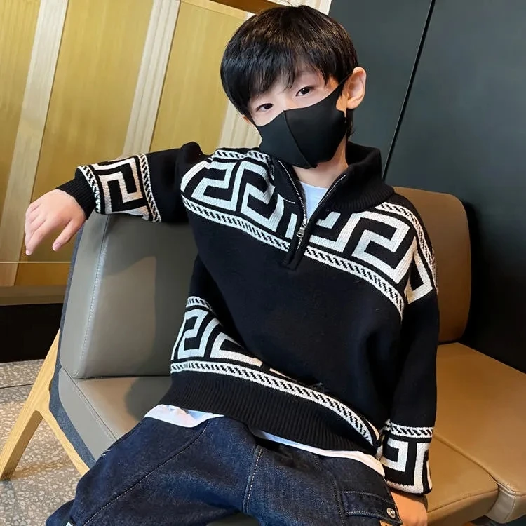 韩版男童高领针织衫中大童提花毛衣洋气百搭儿童毛线衣潮平替好物