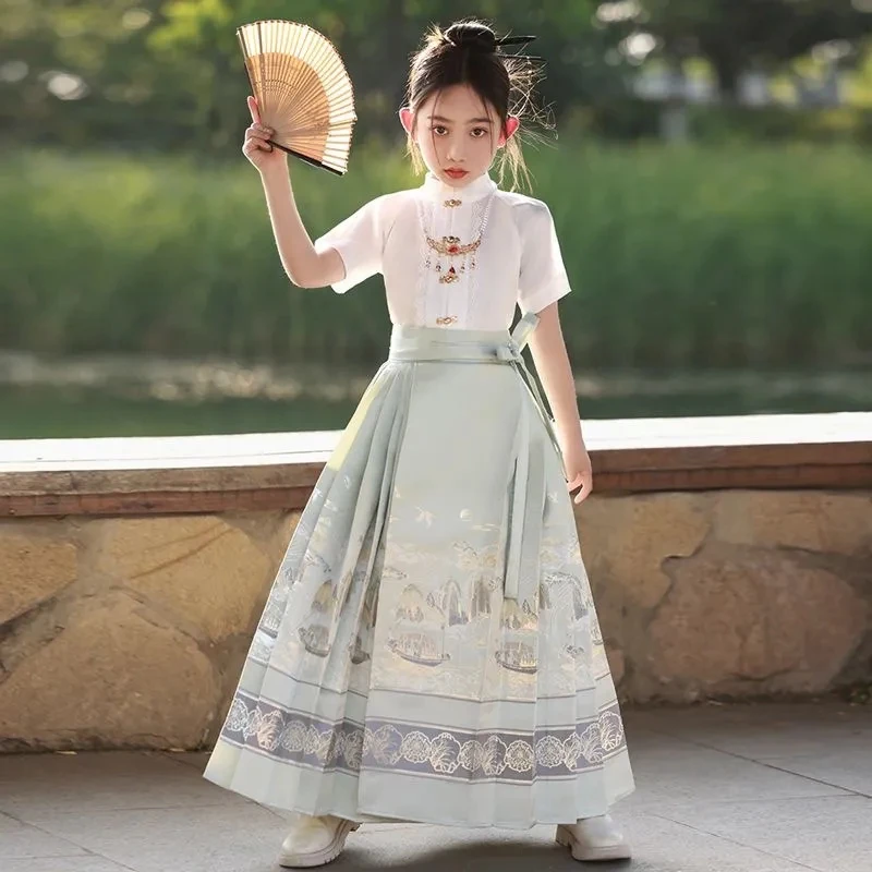 汉服女童短袖国风马面裙儿童女6-12岁套装女孩明制改良洋气薄款夏