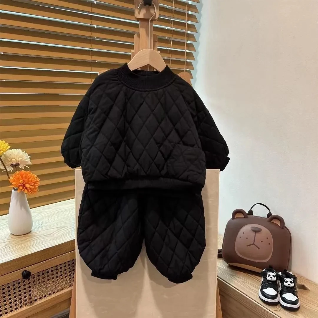 韩版儿童菱形格夹棉套装男童洋气纯色加厚两件套小童潮平替好物潮