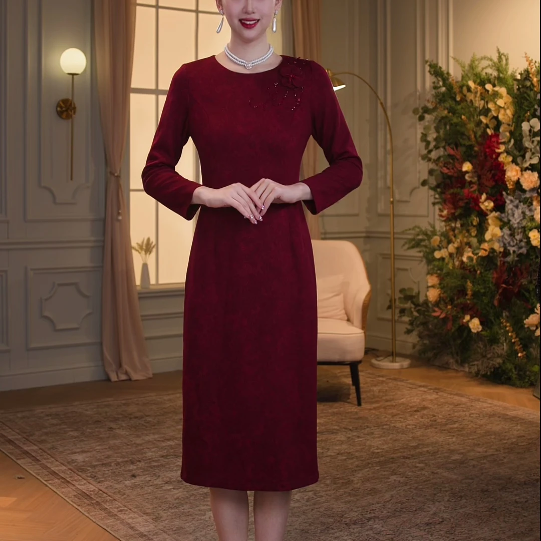 【香妮芬】83215 显瘦冬季中长裙酒红色宴会装长袖礼服连衣裙气质