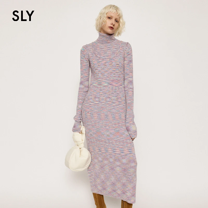 SLY 欧美风混色修身高领开叉包臀套头针织连衣裙女030FAY73-5530