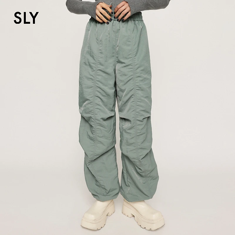 SLY 新品街头感随性褶皱直筒工装裤松紧透气休闲裤030GAR31-3320