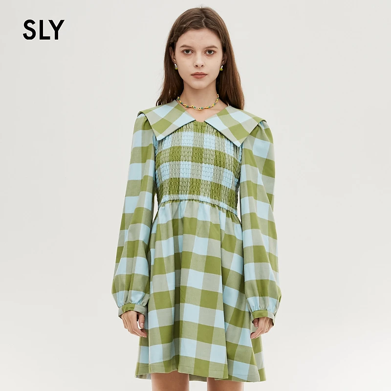 SLY秋季格纹海军领收腰连衣裙复古拼接时尚裙子038FAZ33-4570