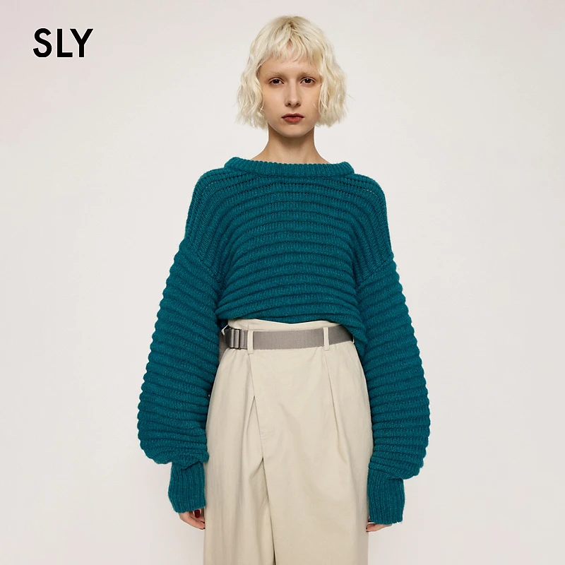 SLY新款泡泡袖条纹圆领简约风针织毛衣030FAA70-2030