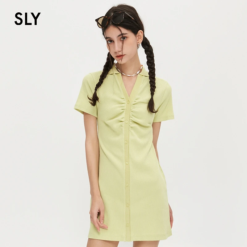 SLY 夏季新款显瘦翻领修身螺纹抽褶基础短款连衣裙030GSL83-4440