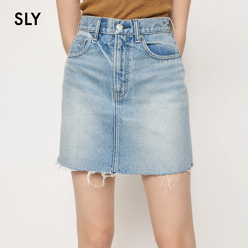 SLY 新款时尚做旧水洗下摆毛边短款牛仔显瘦半身裙038GSL11-3270