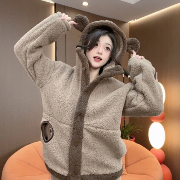 冬季新款羊糕绒-咖啡连帽熊加厚睡衣家居服