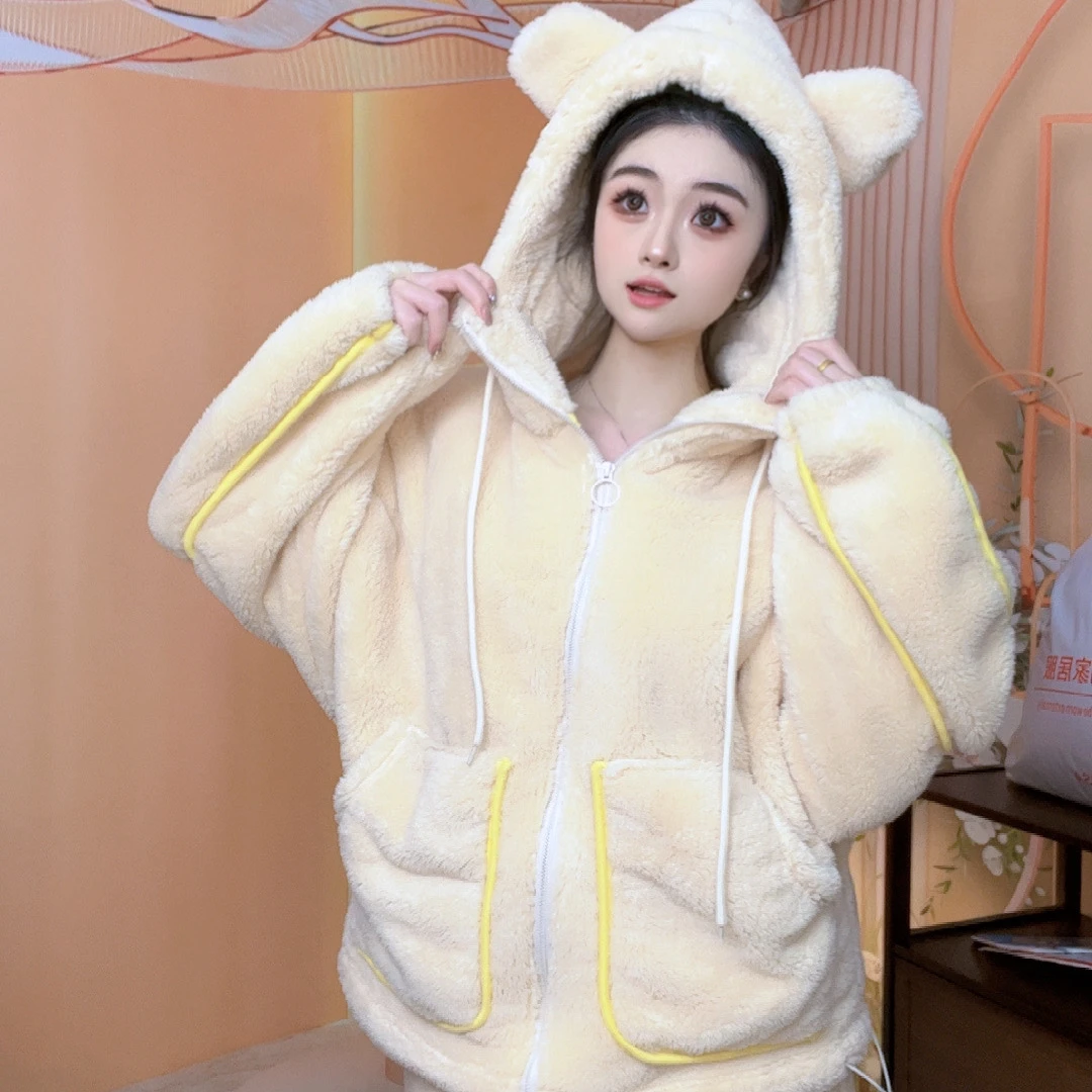 冬季新款抽绳大口袋连帽厚款小熊三件套睡衣家居服