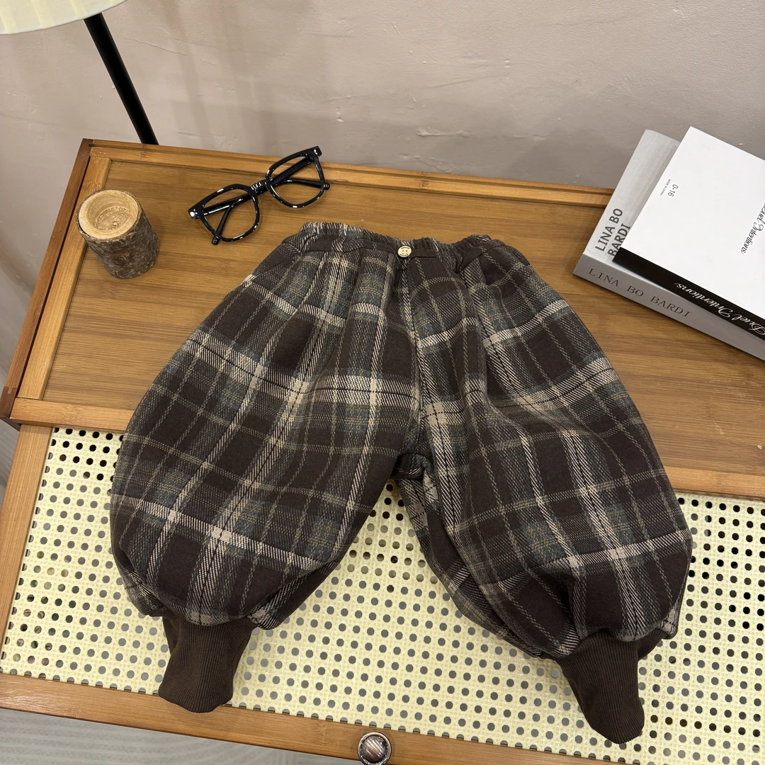 2023冬款新款韩版男童加厚一体绒加绒条纹男童男孩格子女韩版裤子