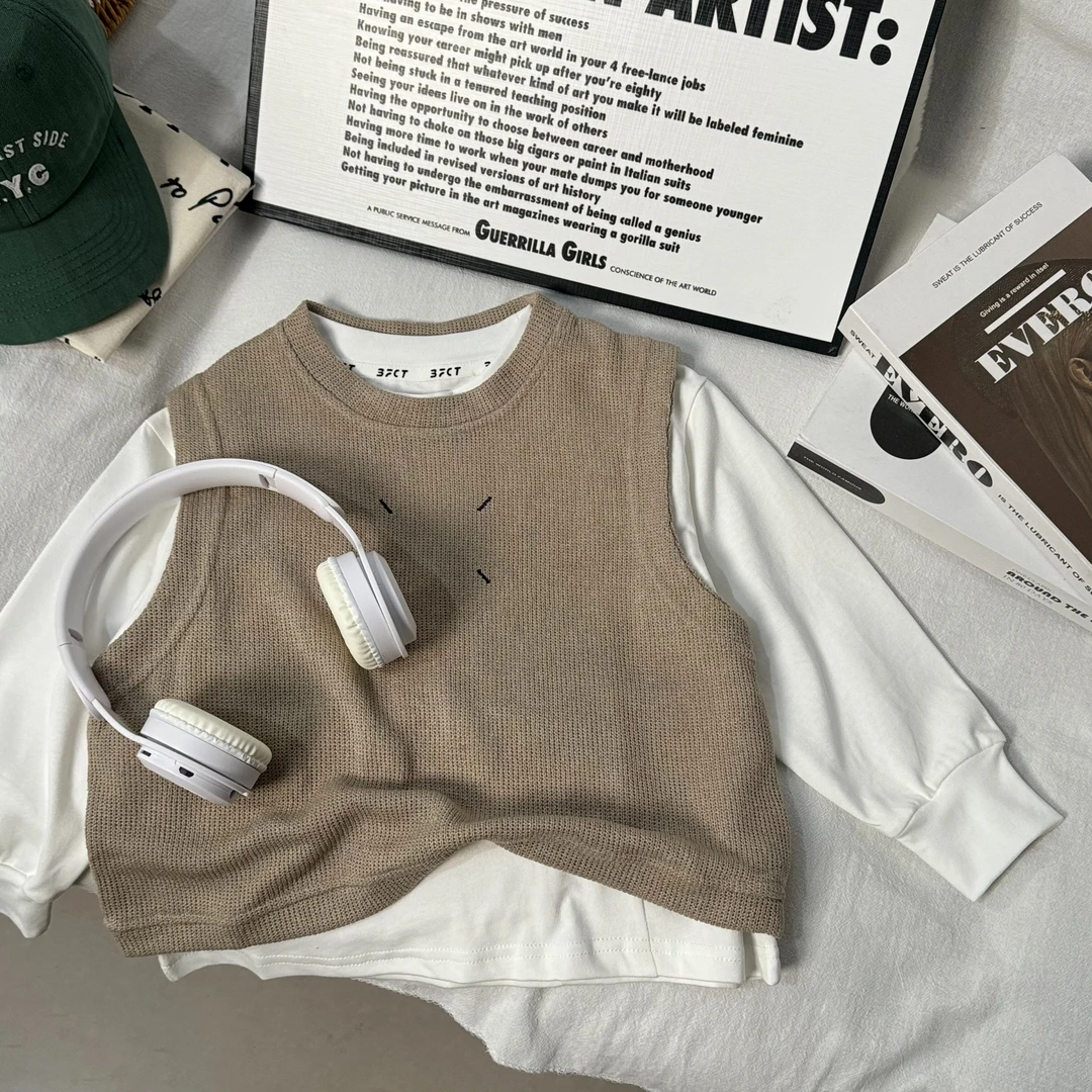 儿童2024春季新款针织百搭圆领韩版套头男童女童中小童小马甲背心