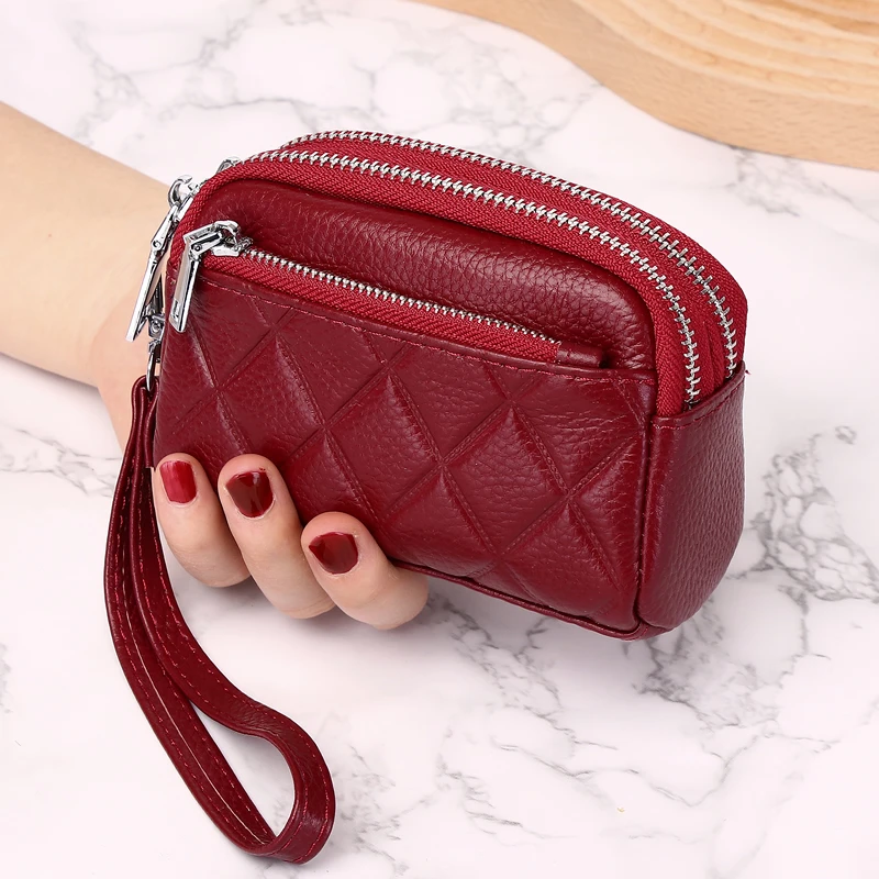 真皮手拿零钱包女士迷你小包包双层菱格硬币钥匙包多功能头层牛皮