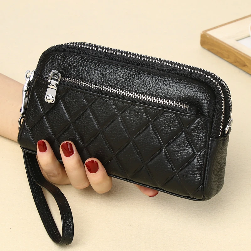 真皮手拿包女士双层放手机零钱包长款妈妈包菱格简约时尚牛皮小包