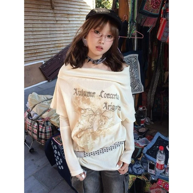 2025春季新款美式时尚百搭露肩长袖T恤女印花一字肩可拆卸上衣潮i