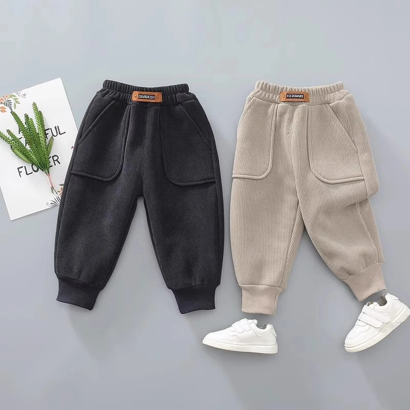 儿童加绒裤子2024秋冬新款宝宝薄绒卫裤男女童一体绒长婴儿棉裤