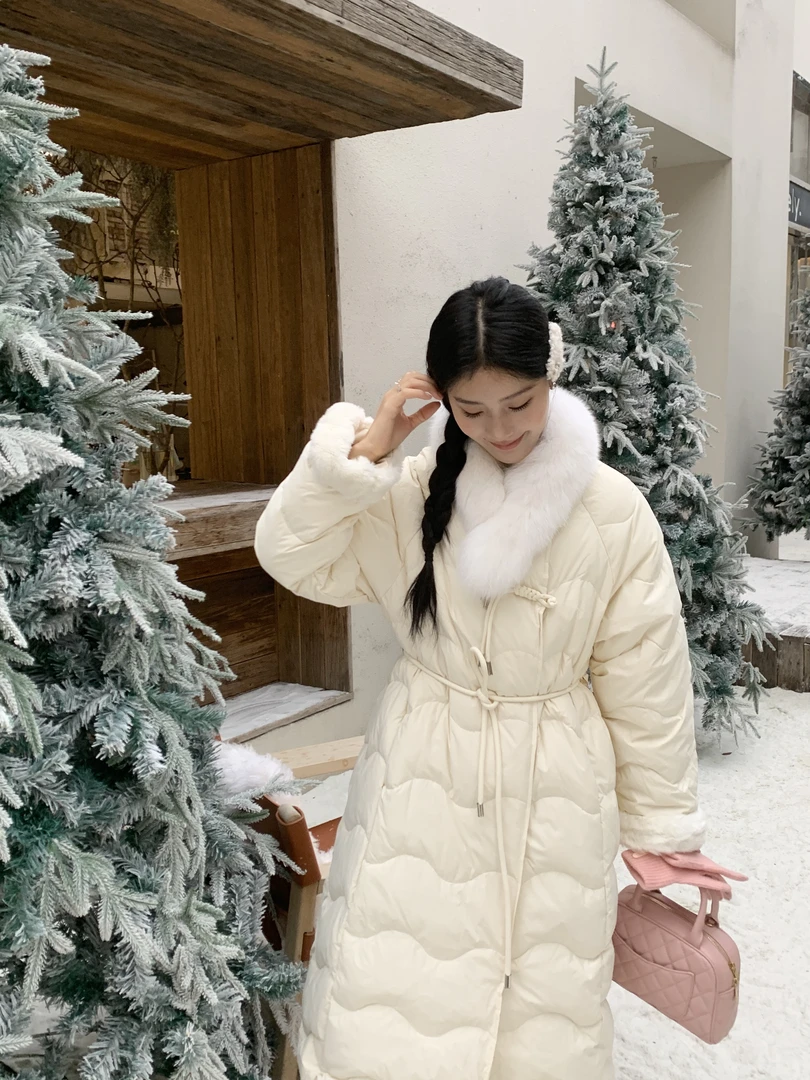 2024冬季新款狐狸毛领中长款袖口毛毛系带90白鸭绒羽绒服收腰外套