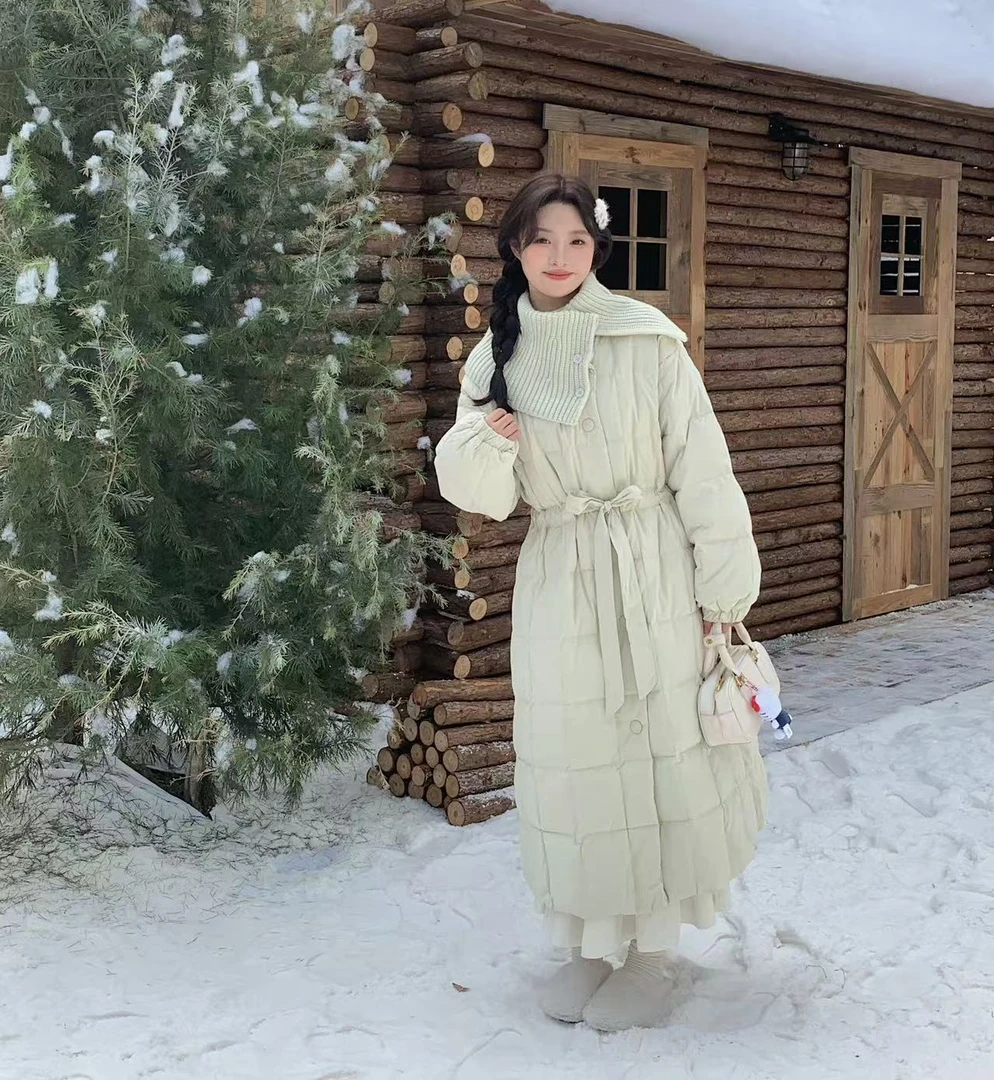 2024冬季新款韩版五色针织领长款过膝系带90白鸭绒羽绒服