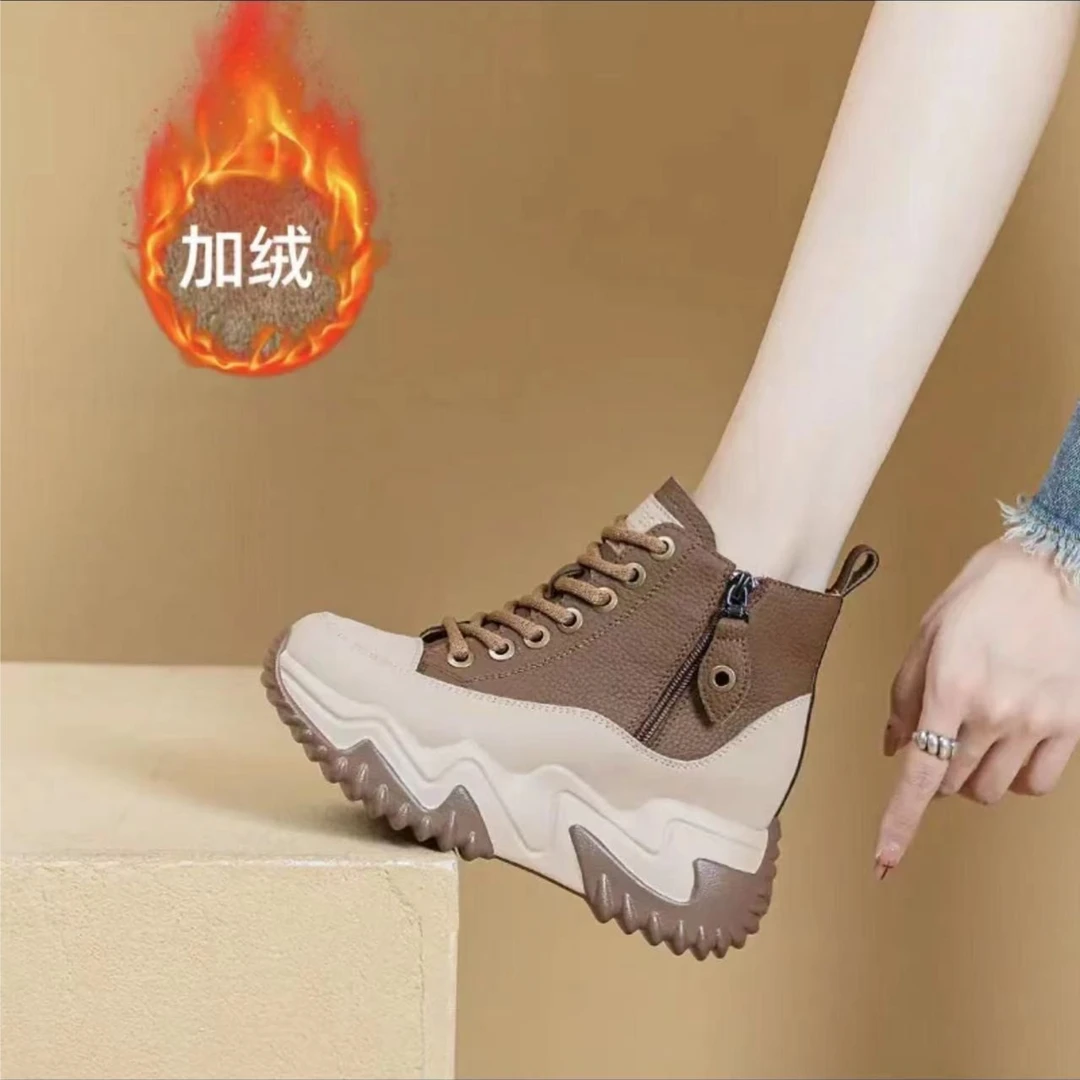 女鞋小个子厚底增高秋季新款时尚休闲百搭高帮圆头拼色老爹鞋