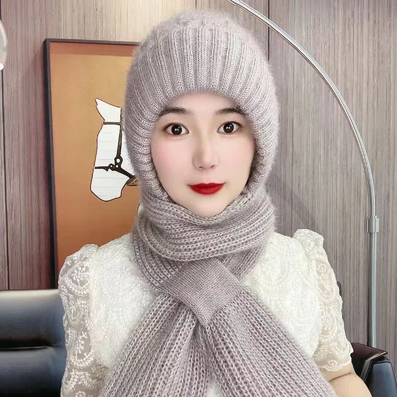 #保暖帽 女秋冬季松鼠绒帽子围巾一体风雪帽加绒毛线帽护耳针织帽