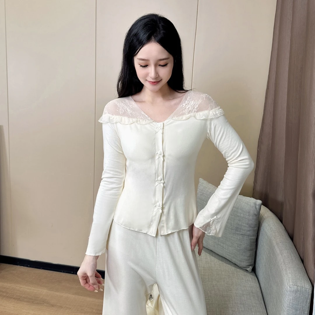 新睡衣女套装自带胸垫莫代尔时尚法式显瘦蕾丝收腰长袖长裤设计感
