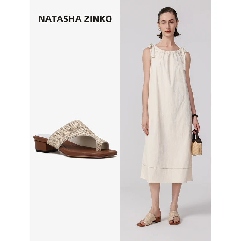 H06437 Natasha Zinko拉菲草编织夹脚拖鞋女夏季外穿粗跟凉拖