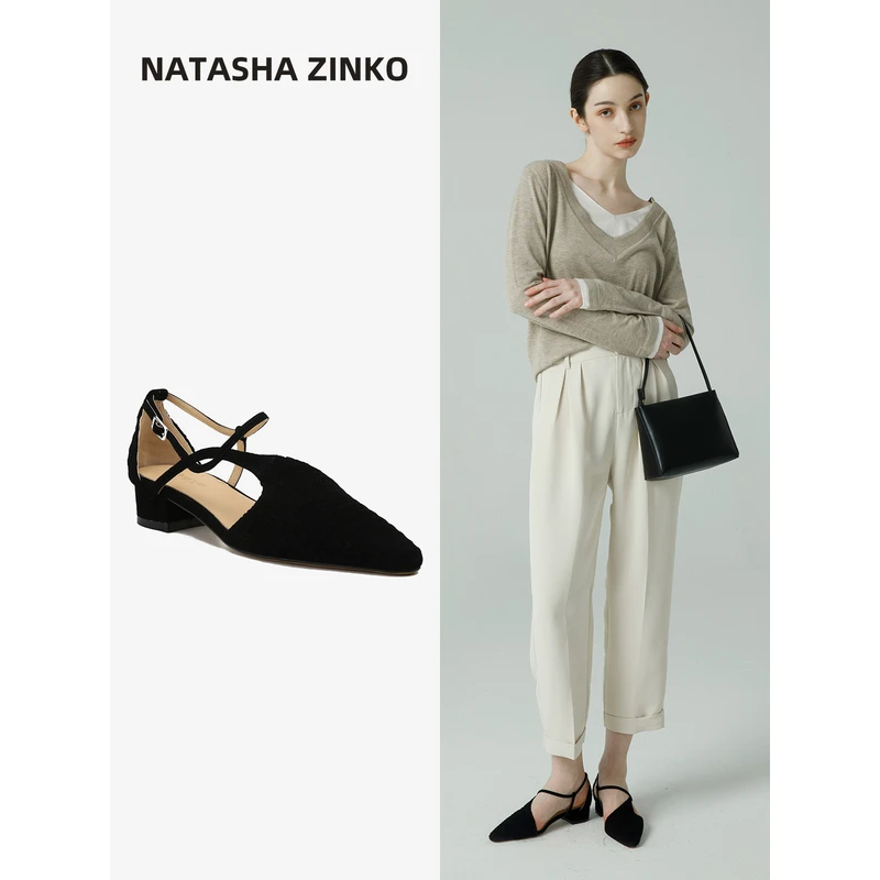 H06256 编织包头凉鞋女2025年秋冬新款全真皮尖头平底鞋