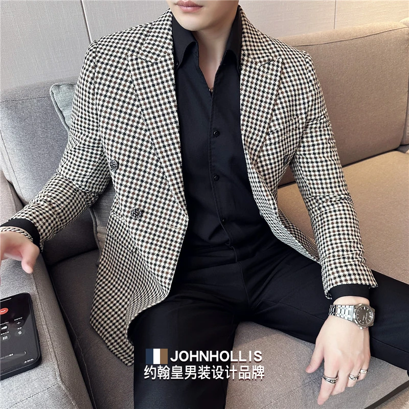 约翰皇黑白格戗驳领双排扣千鸟格西服外套男修身西装男士休闲上衣
