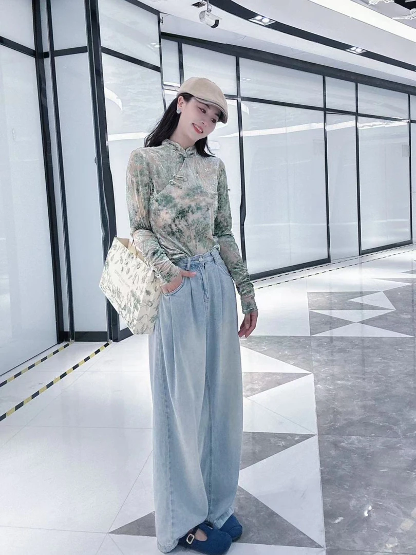 【婷姐家】5650江南烟雨欧货设计感盘扣上衣气质扎染印花水墨长袖